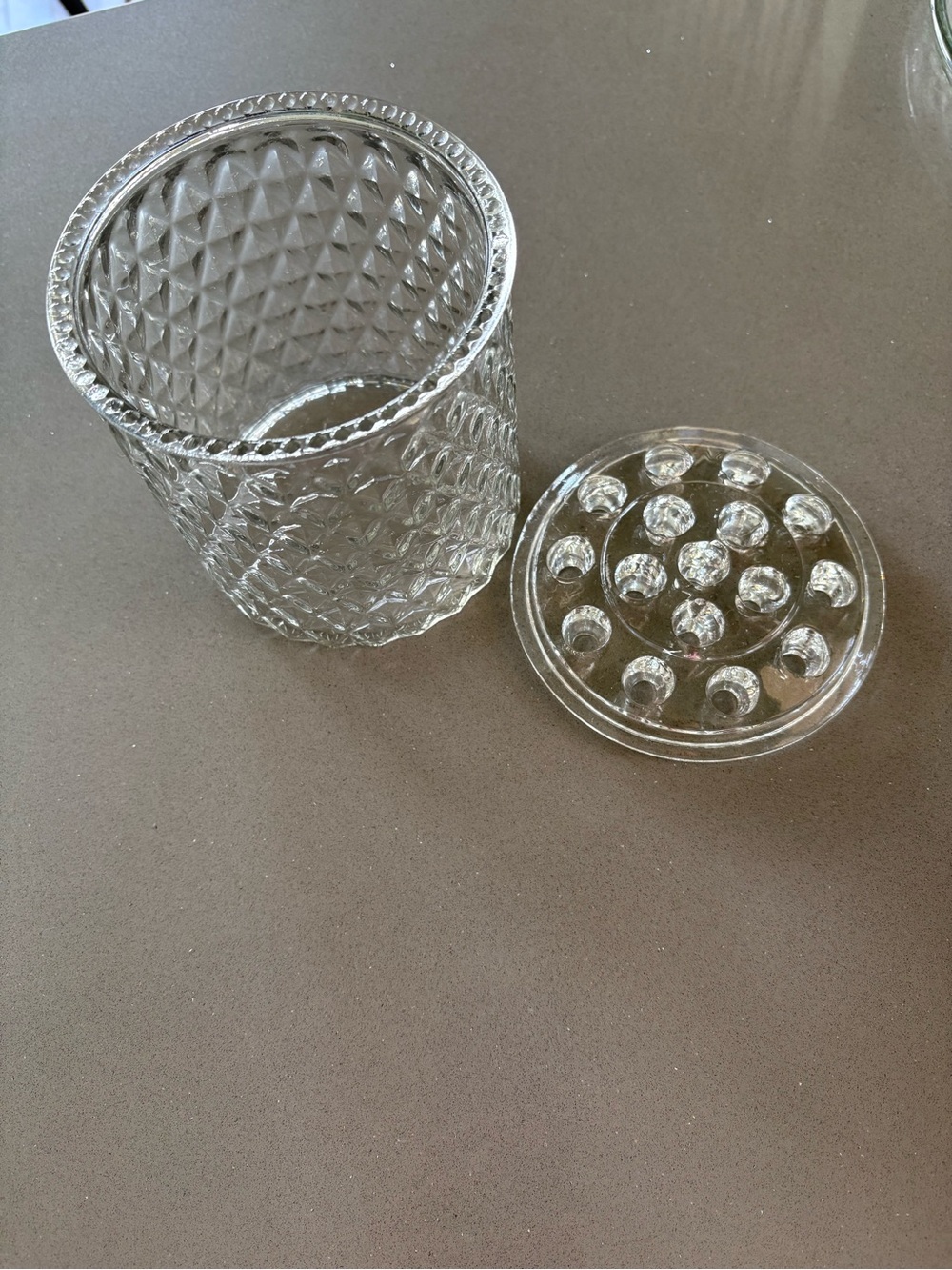 Vintage Cut Glass Jar Vase with Glass Flower Frog Lid | DIY Centerpiece Set